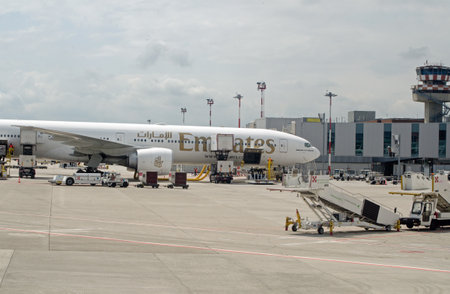 Venice, Italy - April 19, 2022: A Boeing 777 - 300 operated by Emirates at Marco Polo Airport in Venice on a sunny Spring morning.のeditorial素材