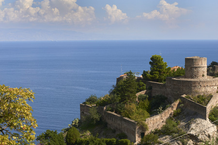 View of the Castle overlooking the Ionian Sea in Sicily, near Taorminaのeditorial素材