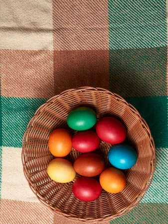 Easter colored eggs on the vintage background.の写真素材