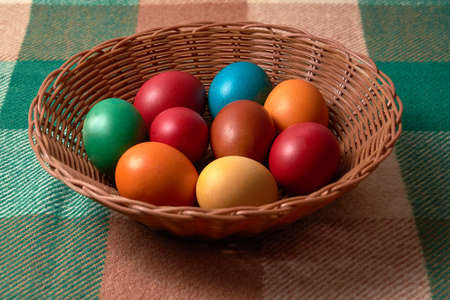 Easter colored eggs on the vintage background.