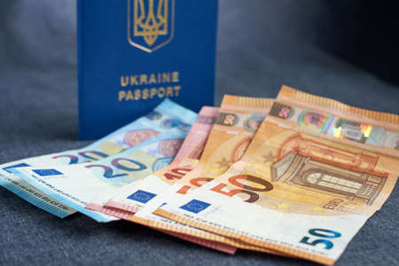 Ukraine passport with Euro Bills inside. On a gray background with half and one filler EU coins.の写真素材