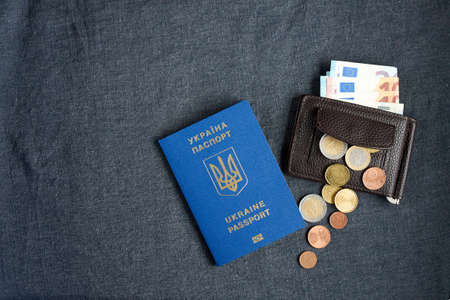 Ukraine passport with Euro Bills inside. On a gray background with half and one filler EU coins.の写真素材