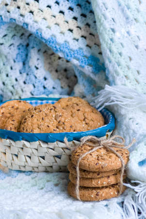 Tasty Cookies with sesame and sunflower seeds on plaid. Healthy eatingの写真素材