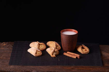 Cottage cheese homemade cookies and cold milk in glass. Close-up.の写真素材