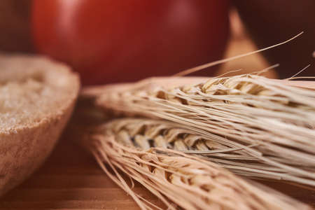 wheat sprouts close up with bread and tomatoの写真素材