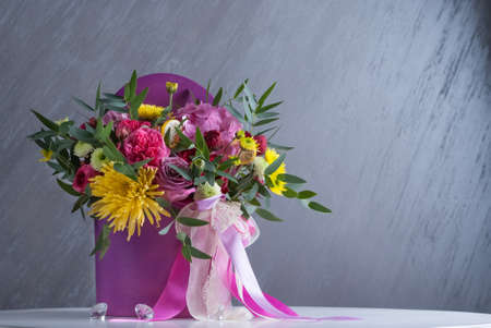 bouqet of flowers in violet box. Nice celebration presentの写真素材