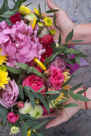 bouqet of lilac flowers with hydrangea, roses, santini and aster