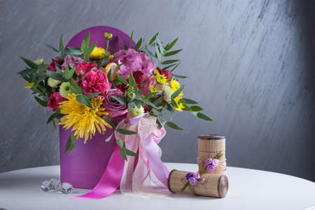 bouqet of flowers in box. No toned with natural color. Colored flowersの写真素材