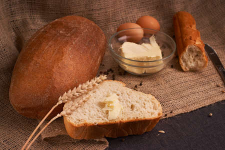 breads and butter concept of teasty home food close up