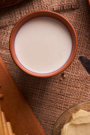 organic dairy products - milk, cheese, and also eggs, breadの写真素材