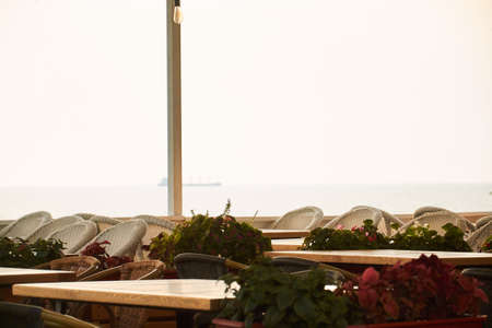 Cafe on the terrace near the seaの写真素材