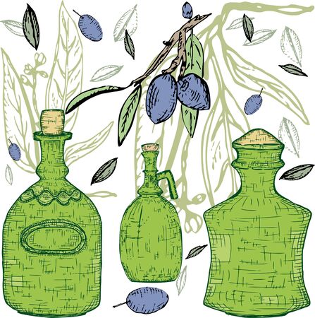Green bottles with olives colorful backgroundのイラスト素材