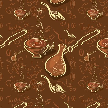 Coffee seamless texture on brown backgroundのイラスト素材