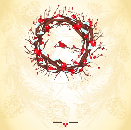 christmas background with holly wreath and pine branches and conesのイラスト素材