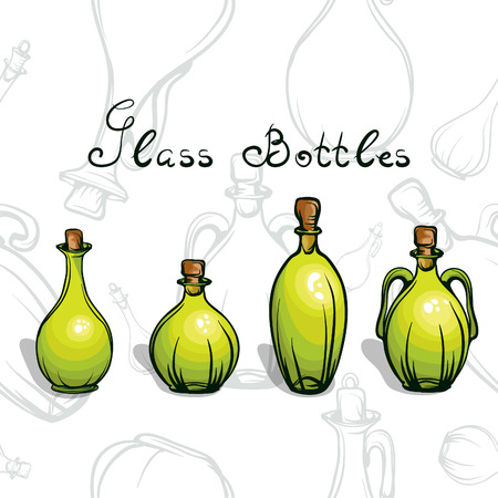 green glass bottles for different drinks and liquidのイラスト素材