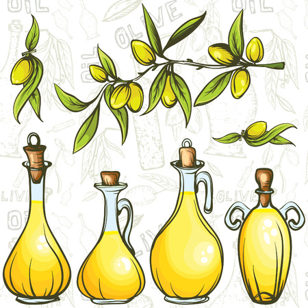 oil bottles set with olive branch on the seamless backgroundのイラスト素材