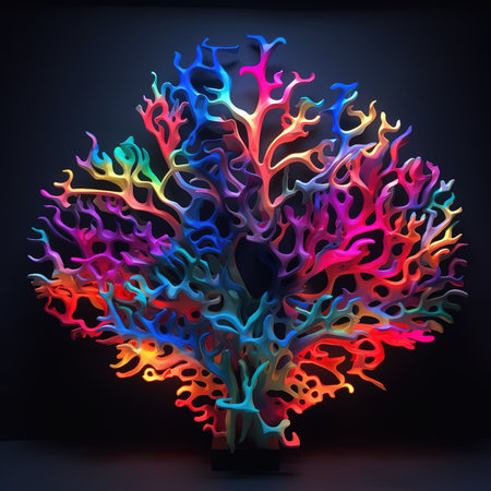 Colorful coral tree on black background. 3d render illustration.の素材