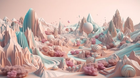 3d rendering of abstract fantasy landscape with mountains and alien planet.の素材