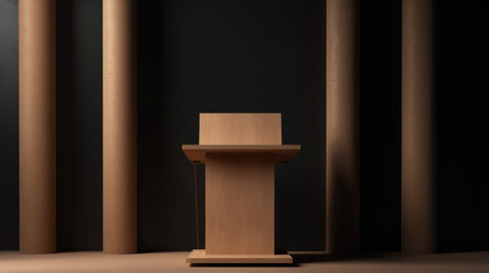 Wooden podium for presentation on black background. 3D rendering.の素材