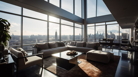 Modern living room interior with panoramic view of New York City.の素材