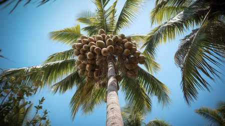 Coconut palm tree with coconuts on blue sky backgroundの素材