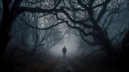 Silhouette of a man walking through a dark foggy forestの素材