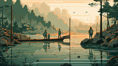 Fishermen on a boat in the river, vector illustration.の素材