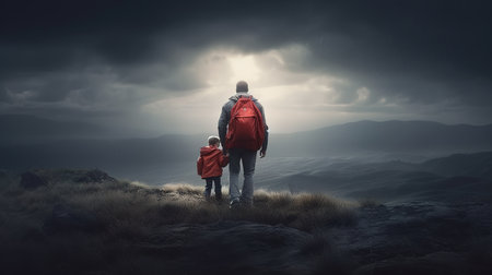 Back view of father and son with backpacks walking on hill. Mixed mediaの素材