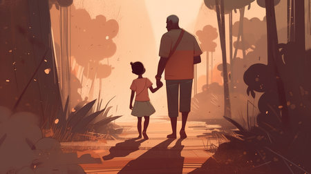 Father and daughter walking in the park. Conceptual vector illustration.の素材