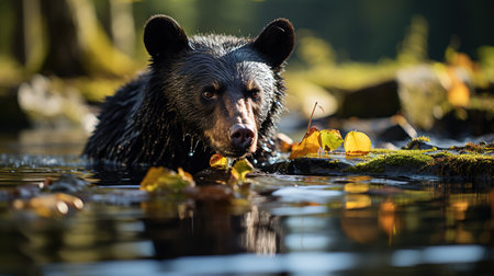 Black bear swimming in a lake with autumn leaves in the background.の素材