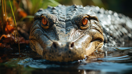 Close-up of a crocodile's head in the water.の素材