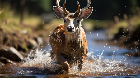 Whitetail deer, Cervus elaphus, splashing in water.の素材
