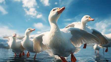 Flock of white geese on the lake with blue sky backgroundの素材