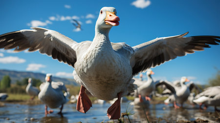 Flock of white geese swimming in a lake on a sunny dayの素材