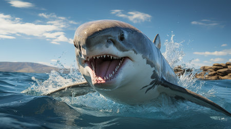 Great White Shark jumping out of the water. 3D Renderingの素材