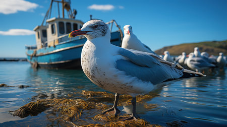 Seagulls and fishing boat in the sea, Scotland, UKの素材