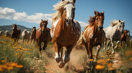 Beautiful horses running in the meadow on a sunny day.の素材