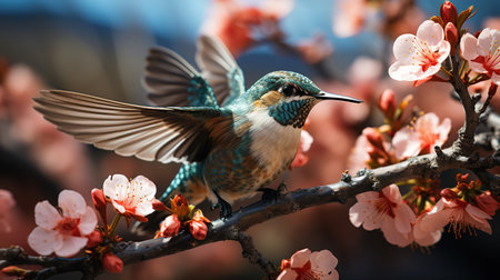 White-throated Kingfisher (Apis mellifera) perched on a branch with pink sakura flowers.の素材