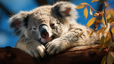 Koala bear sleeping on eucalyptus tree branch in Australiaの素材