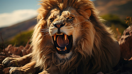Lion with open mouth in the steppe. Wild animal.の素材