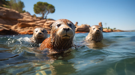Otters swimming in the sea of Sardinia, Italy.の素材
