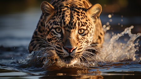 Leopard drinking water in Kruger National Park, South Africa ; Specie Panthera pardus family of Felidaeの素材
