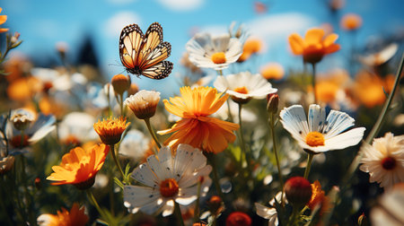 Beautiful meadow with flowers and butterfly. Selective focus.の素材