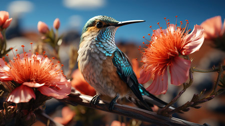 Beautiful bird sitting on a branch with flowers in the background.の素材
