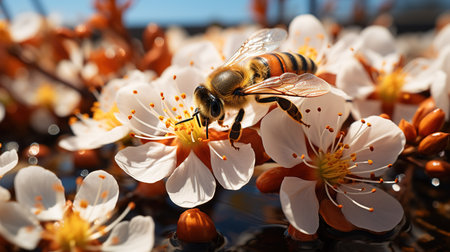 Honey bee pollinating flowers of apricot tree in springの素材