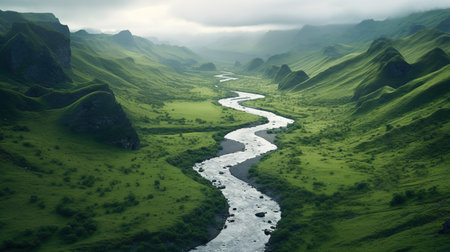 Beautiful landscape with a river in the mountains. 3d renderingの素材