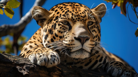 Leopard lying on a tree branch and looking at the camera.の素材
