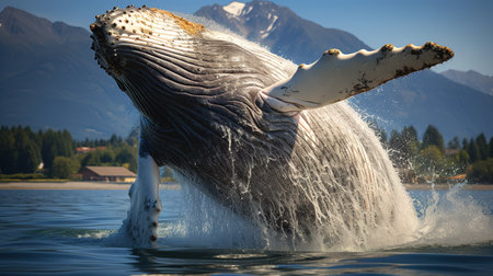 Humpback whale splashing out of the water in Alaska.の素材