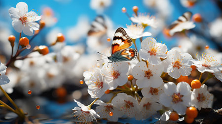 Butterfly on blooming cherry blossom, closeup viewの素材
