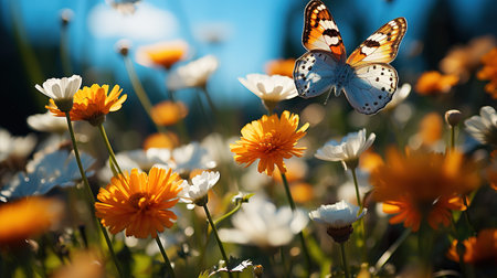 Butterfly on a flower meadow with daisies.の素材